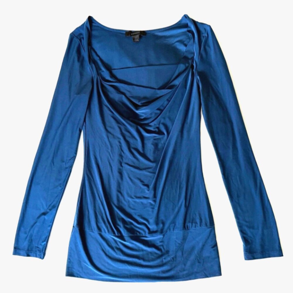5/$15 SALE! Express Womens Size Small Blue Cowl Neck Stretch Knit Top Blouse
